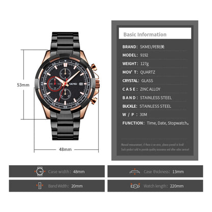 SKMEI 9192 Men Calendar Timing Stainless Steel Belt Luminous Quartz Watch