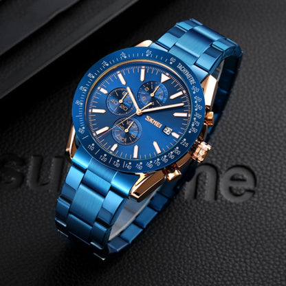 SKMEI 9253 Men Stopwatch Date Six Pin Stainless Steel Strap Quartz Watch