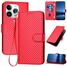 YX0070 Carbon Fiber Buckle Leather Phone Case with Lanyard, For iPhone 14 Pro, For iPhone 14 Pro Max, For iPhone SE 2022 / SE 2020 / 8 / 7