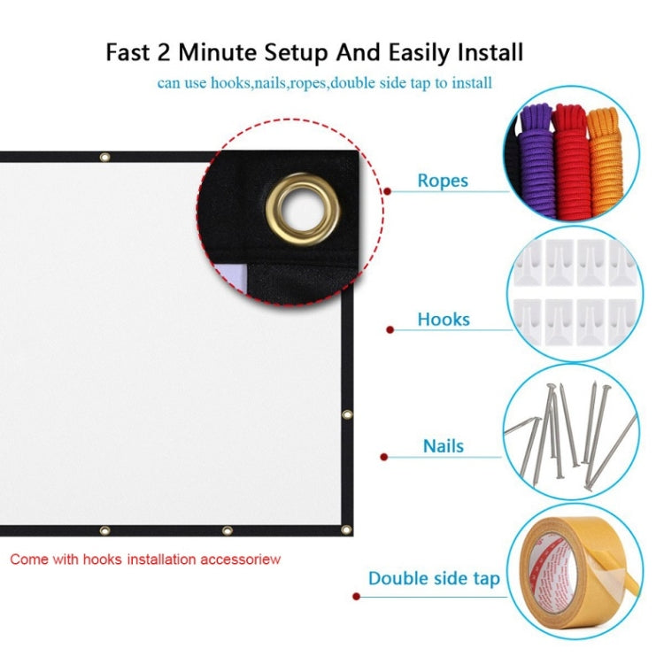 Simple Folding Thin Polyester Projector Film Curtain, 60 inch (16:9) Projection Area: 132x75cm, 60 inch (4:3) Projection Area: 120x90cm, 72 inch (16:9) Projection Area: 159x90cm, 72 inch (4:3) Projection Area: 146x110cm                                 ...