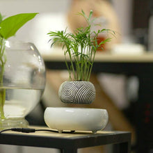 Dark Color Stripe Flower Pot + Imitation Ceramic Resin Base Magnetic Levitation Potted Plant Home Decoration, EU Plug, Dark Color EU Plug, Soil Color EU Plug, White Stripe EU Plug