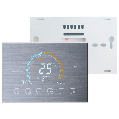 BHT-8000-GCLW-SS Brushed Stainless Steel Mirror Controlling Water/Gas Boiler Heating Energy-saving and Environmentally-friendly Smart Home Negative Display LCD Screen Round Room Thermostat with WiFi, with WiFi