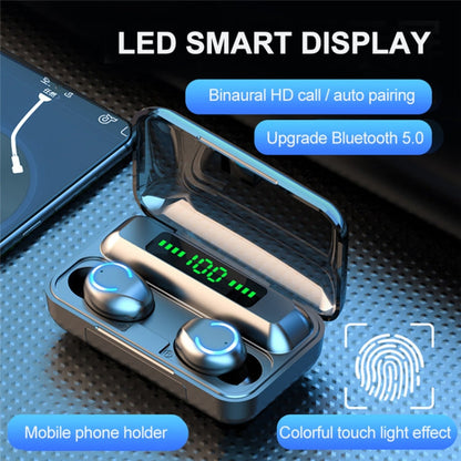 F9-9 TWS CVC8.0 Noise Cancelling Bluetooth Earphone with Charging Box, Support Touch Lighting Effect & Three-screen LED Power Display & Power Bank & Mobile Phone Holder & HD Call & Voice Assistant, F9-9 Black