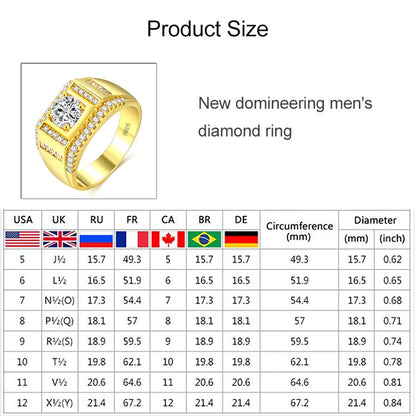 Fashion New Style Gold Plated + AAA Zircon Inlaid Rhinestone Men Diamond Ring, Size: 10, Diameter: 19.8mm, Perimeter: 62.1mm, Diameter: 19.8mm