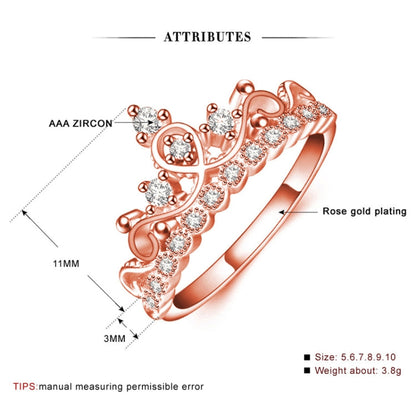 Princess Queen Crown-shaped Rose Gold Plated Zircon Ring, US Size: 6, Diameter: 16.5mm, Perimeter: 51.9mm, 6