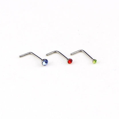 60 PCS Color Mixed Diamond Shape Stainless Steel Nose Stud Rings L Shaped Piercing Jewelry,Pin Length: 7mm, pin diameter: 0.6mm (Color), Colour (60 PCS), White (60 PCS)