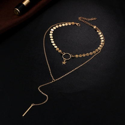 Simple Sexy Handmade Sequins Star Tassels Circle Clavicle Chain Long Pendant Double-layer Chain, Double-layer Chain