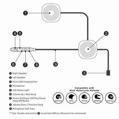 T2 Bluetooth V5.0 Helmet Headset 5V for Motorcycle Driving with Anti-interference Microphone