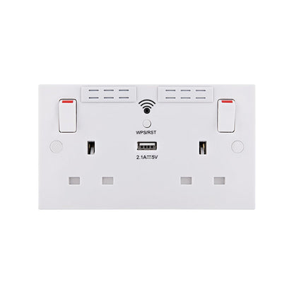 British General Square Edge 13A 2 Gang Switched Socket with Wi-Fi Extender + 1x USB-A 2.1A - White