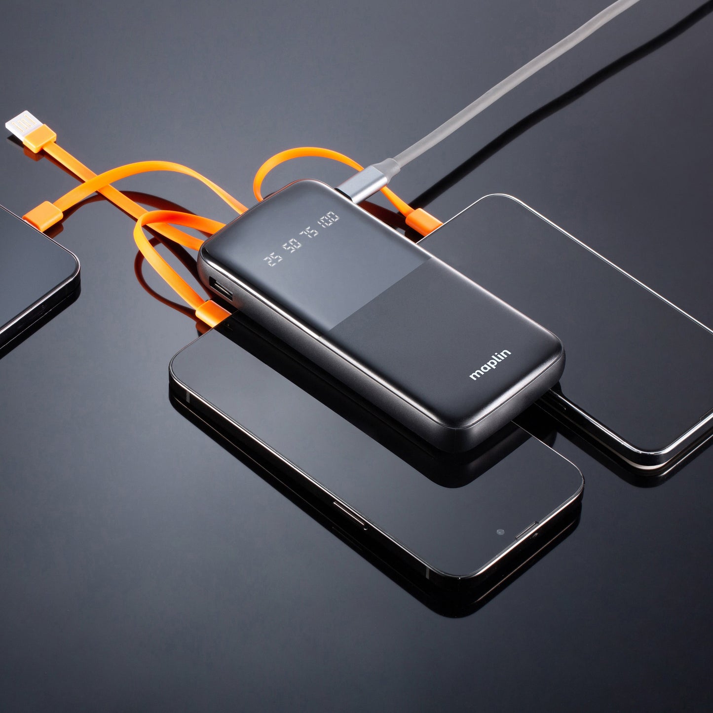 Maplin 10000mAh Slim Power Bank with Integrated Lightning, USB-C, USB-A & Micro USB Cables