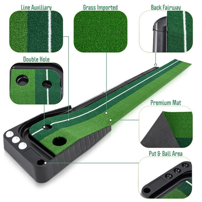 PGM Golf Mini Putting Mat Push Rod Trainer 2.5m, with Auto Ball Return Fairway, 2.5m, with Auto Ball Return Fairway