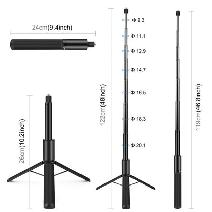 PULUZ 1.22m Retractable Invisible Selfie Stick with Tripod For Insta360 X4 / X3