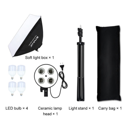 PULUZ 50x70cm Studio Softbox + 2m Tripod Mount + 4 x 220V E27 20W 5700K White Light LED Light Bulb Photography Lighting Kit, 4 x Bulb EU Plug, 4 x Bulb US Plug