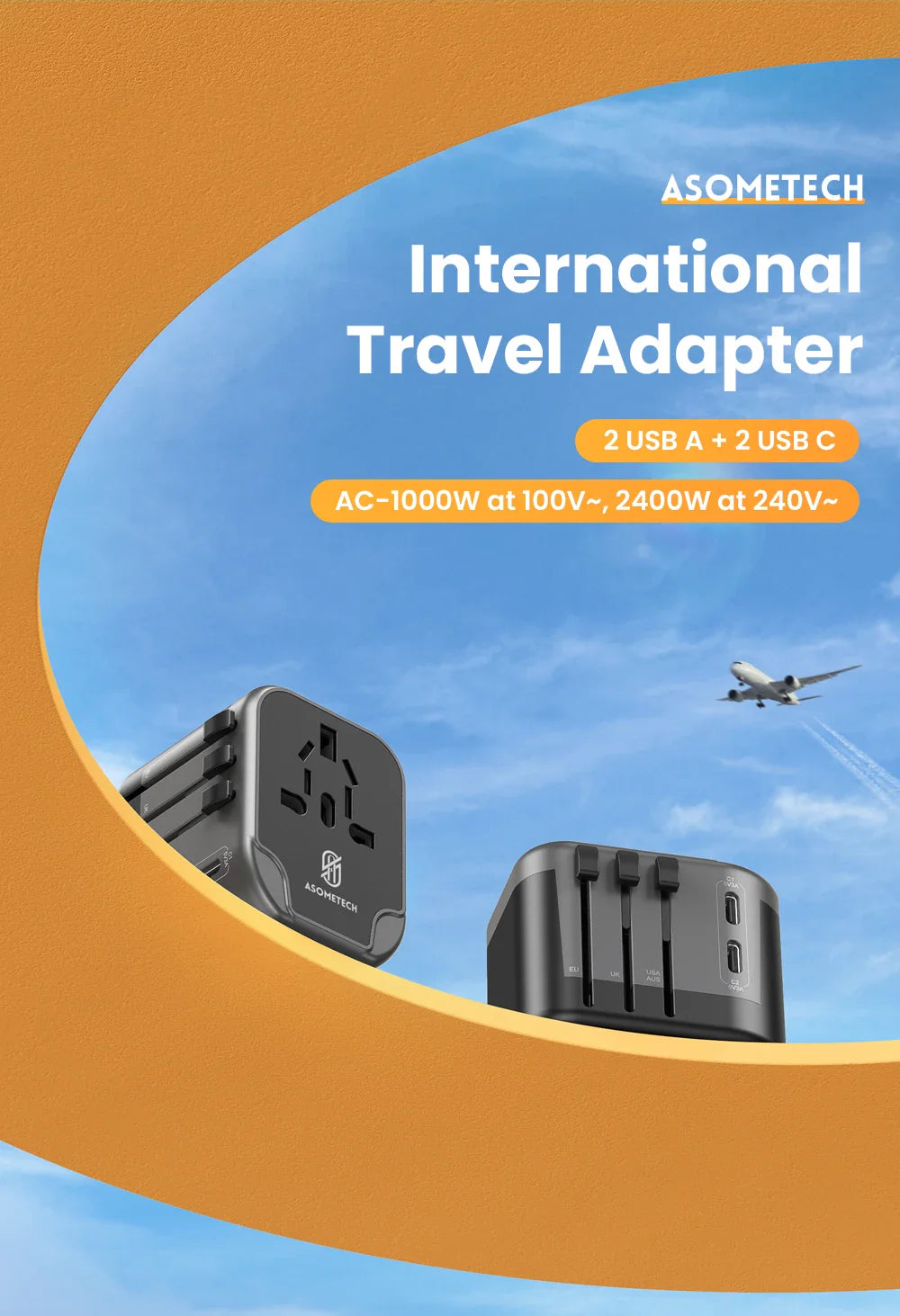ASOMETECH International Travel Adapter USB Charger 2 USB and 2 Type C Port All-in-one Wall Charger for US EU UK AUS Travel