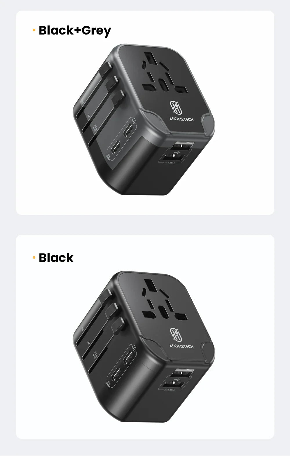 ASOMETECH International Travel Adapter USB Charger 2 USB and 2 Type C Port All-in-one Wall Charger for US EU UK AUS Travel