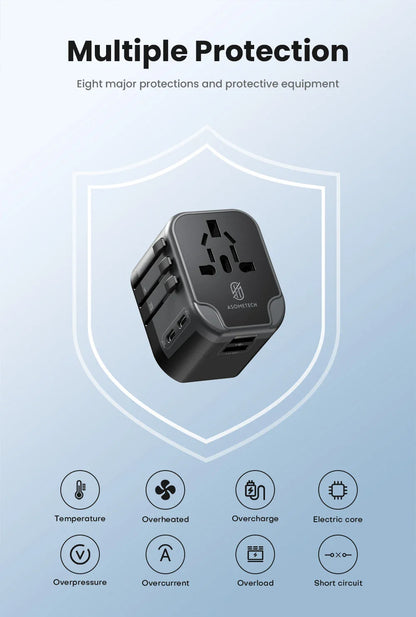 ASOMETECH International Travel Adapter USB Charger 2 USB and 2 Type C Port All-in-one Wall Charger for US EU UK AUS Travel