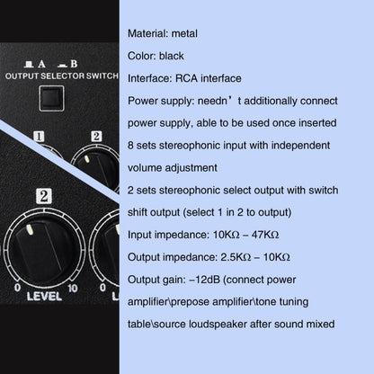 B066 Mini Stereo 8 Channel RCA Non Source Sound Passive Mixer, No Power Supply, 8 Channel RCA