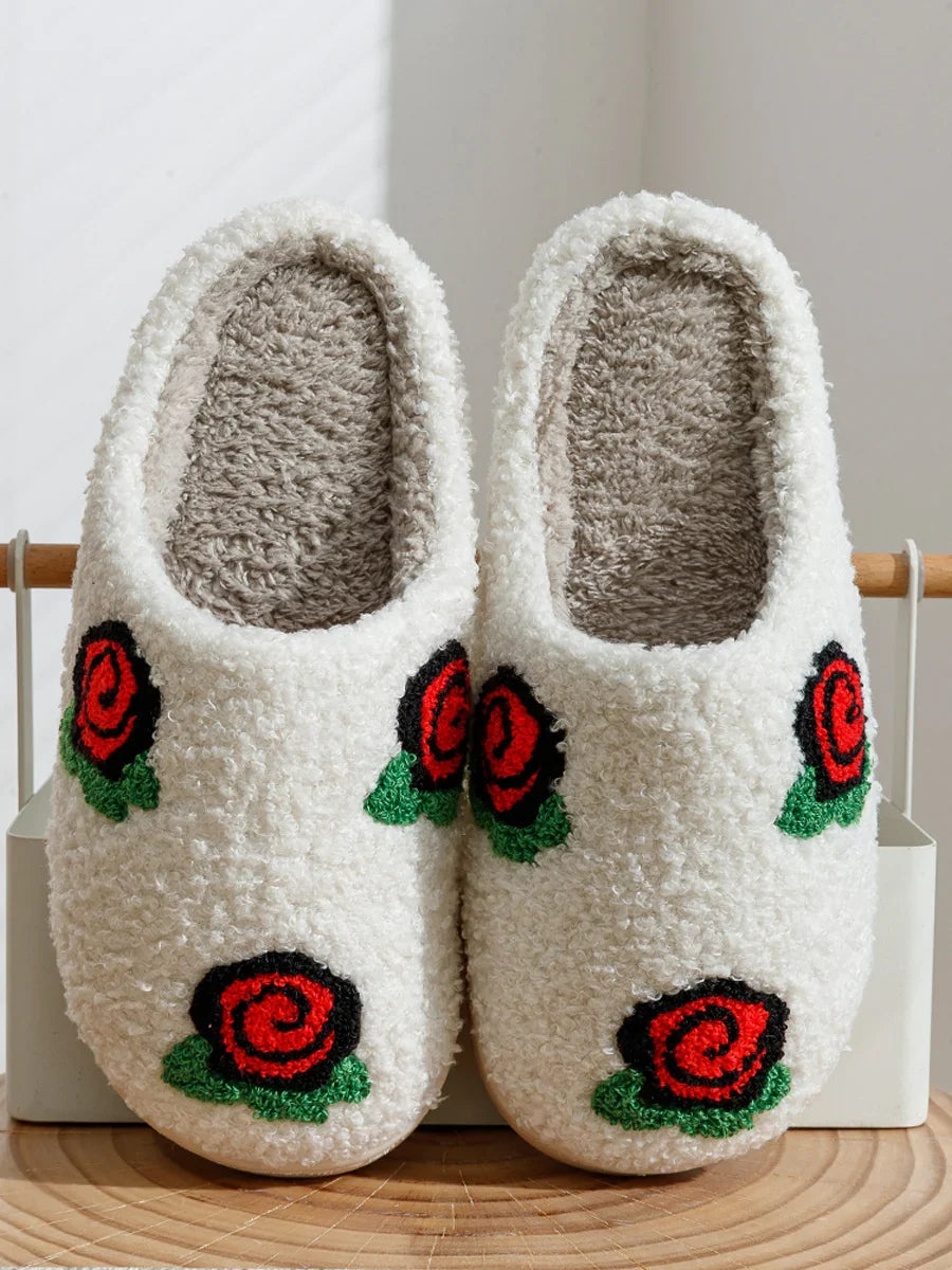 Women's Slippers Valentine's Day Rose Embroidery Fuzzy Romantic Love Comfy Flat Girl Valentine Gift Winter Home Shoes