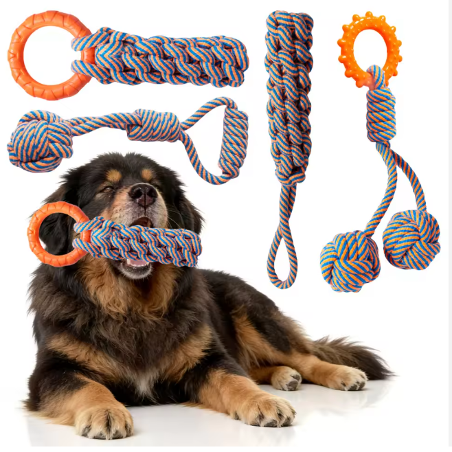 Durable Handmade Cotton Rope Chew Dog Toy 4-Pack Set TPR Ring & Braided Design for Medium/Large Dogs