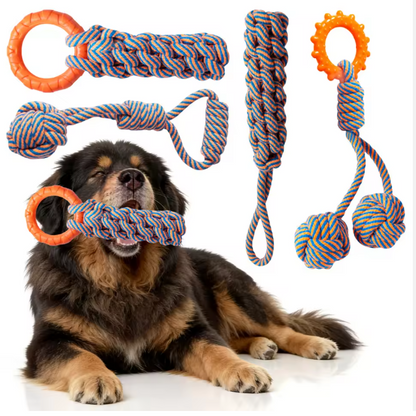 Durable Handmade Cotton Rope Chew Dog Toy 4-Pack Set TPR Ring & Braided Design for Medium/Large Dogs