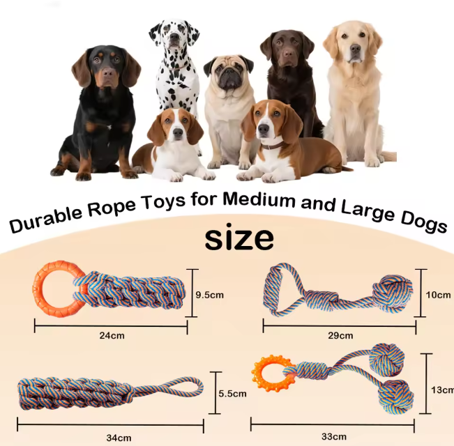 Durable Handmade Cotton Rope Chew Dog Toy 4-Pack Set TPR Ring & Braided Design for Medium/Large Dogs