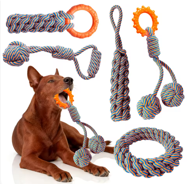 Handmade Indestructible Cotton Rope & TPR Dog Chew Toys Set Dog Rope Toys for Aggressive Chewers for Medium Large Breed