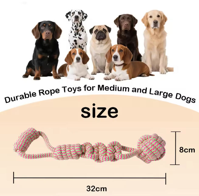 Durable Pink & Green Braided Dog Rope Toy with Handle & Ball, Durable Cotton Chew Toy for Aggressive Chewers