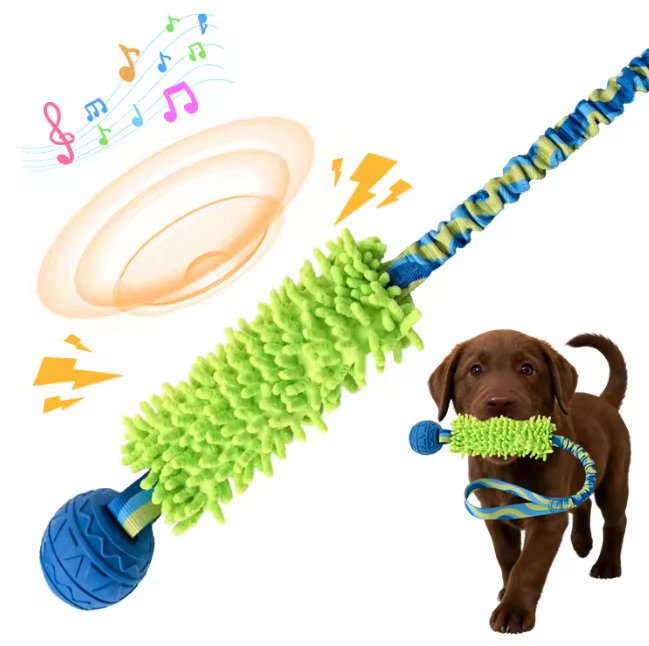 Durable Interactive Dog Tug Toy with BB Squeaker Natural Rubber Ball & Chenille Teeth Cleaning Chew Toy
