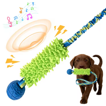 Durable Interactive Dog Tug Toy with BB Squeaker Natural Rubber Ball & Chenille Teeth Cleaning Chew Toy