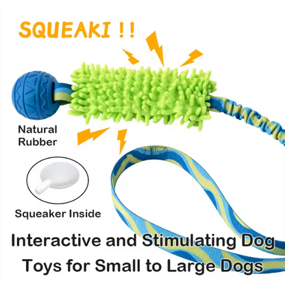 Durable Interactive Dog Tug Toy with BB Squeaker Natural Rubber Ball & Chenille Teeth Cleaning Chew Toy