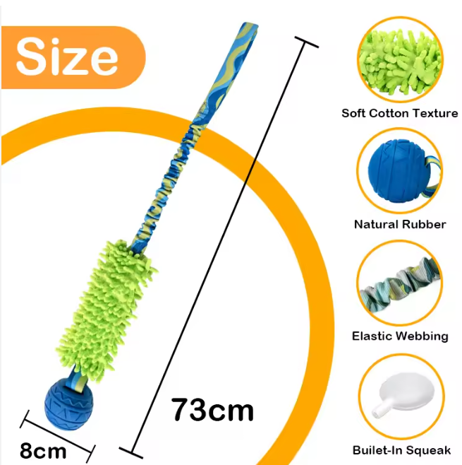 Durable Interactive Dog Tug Toy with BB Squeaker Natural Rubber Ball & Chenille Teeth Cleaning Chew Toy