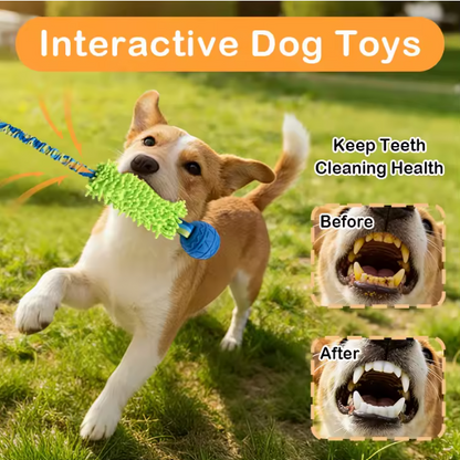 Durable Interactive Dog Tug Toy with BB Squeaker Natural Rubber Ball & Chenille Teeth Cleaning Chew Toy