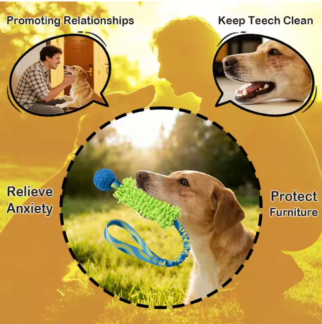 Durable Interactive Dog Tug Toy with BB Squeaker Natural Rubber Ball & Chenille Teeth Cleaning Chew Toy