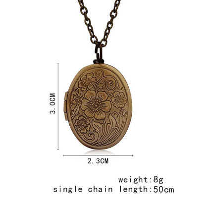 Vintage Antique Bronze Floral Patterns Carved Oval Locket Picture Memento Photos Box Necklace