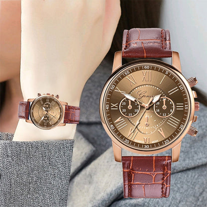 Three-eye Six-needle Imitation Belt Quartz Watch for Women / Men, Black, Blue, Brown, White
