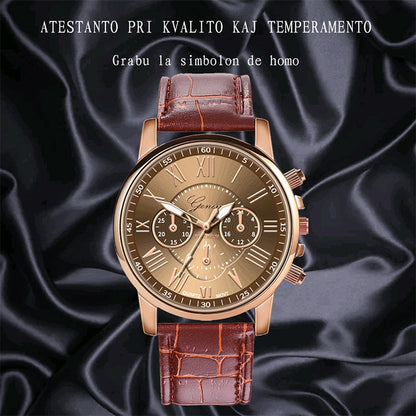 Three-eye Six-needle Imitation Belt Quartz Watch for Women / Men, Black, Blue, Brown, White