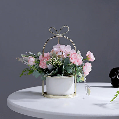Wrought Iron Portable Frame Hydrangea Flower Pot Decoration Ornaments Home Study Office Wedding Decoration, Light Pink, Light Yellow, light Purple, Light Green, Light Blue, Elegant White