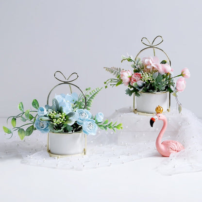 Wrought Iron Portable Frame Hydrangea Flower Pot Decoration Ornaments Home Study Office Wedding Decoration, Light Pink, Light Yellow, light Purple, Light Green, Light Blue, Elegant White