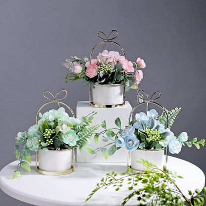 Wrought Iron Portable Frame Hydrangea Flower Pot Decoration Ornaments Home Study Office Wedding Decoration, Light Pink, Light Yellow, light Purple, Light Green, Light Blue, Elegant White
