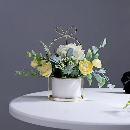 Wrought Iron Portable Frame Hydrangea Flower Pot Decoration Ornaments Home Study Office Wedding Decoration, Light Pink, Light Yellow, light Purple, Light Green, Light Blue, Elegant White
