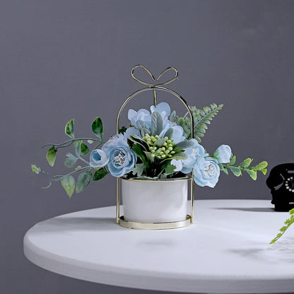 Wrought Iron Portable Frame Hydrangea Flower Pot Decoration Ornaments Home Study Office Wedding Decoration, Light Pink, Light Yellow, light Purple, Light Green, Light Blue, Elegant White