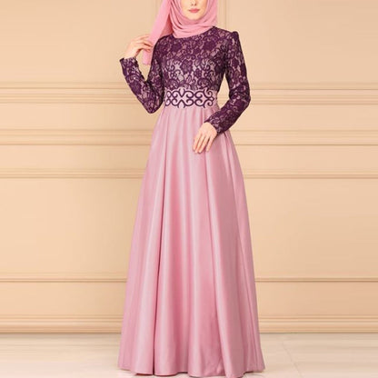 Lace Stitching Retro Large Swing Dress Ethnic Style Long-Sleeved Slim Dress, S, M, L, XL