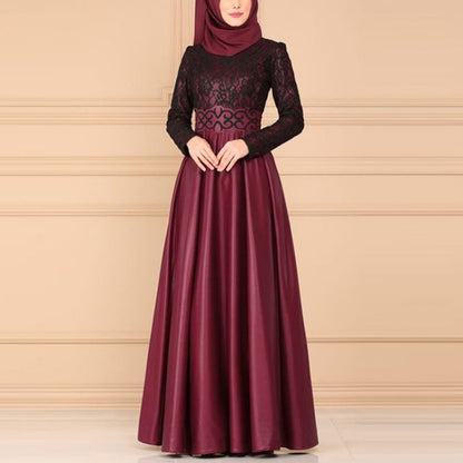 Lace Stitching Retro Large Swing Dress Ethnic Style Long-Sleeved Slim Dress, S, M, L, XL