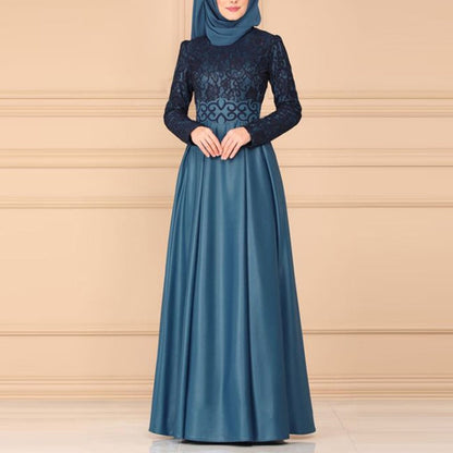 Lace Stitching Retro Large Swing Dress Ethnic Style Long-Sleeved Slim Dress, S, M, L, XL