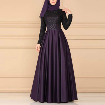 Lace Stitching Retro Large Swing Dress Ethnic Style Long-Sleeved Slim Dress, S, M, L, XL