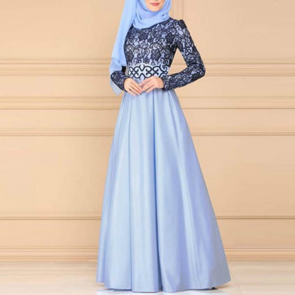 Lace Stitching Retro Large Swing Dress Ethnic Style Long-Sleeved Slim Dress, S, M, L, XL