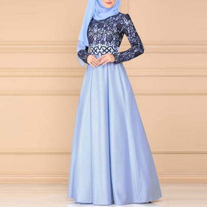 Lace Stitching Retro Large Swing Dress Ethnic Style Long-Sleeved Slim Dress, XXL, XXXXL, XXXXXL, XXXL