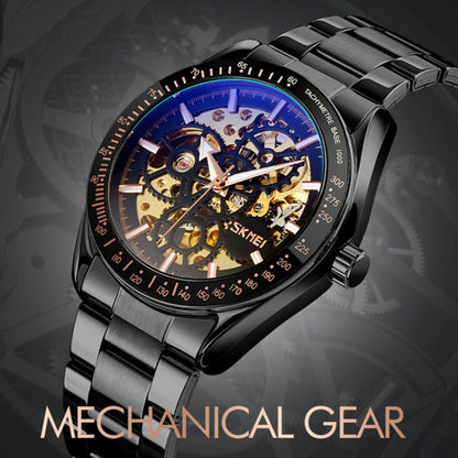 SKMEI 9194 Men Automatic Skeleton Mechanical Steel Band Watch, Black, Silver, Golden Black Face, Rose Gold, Golden Gold Face