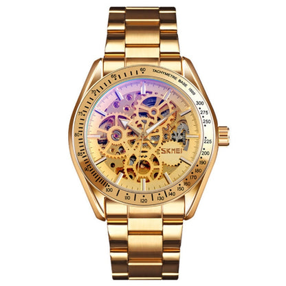 SKMEI 9194 Men Automatic Skeleton Mechanical Steel Band Watch, Black, Silver, Golden Black Face, Rose Gold, Golden Gold Face