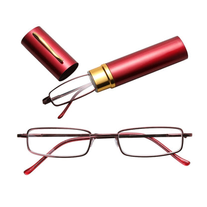 Reading Glasses Metal Spring Foot Portable Presbyopic Glasses with Tube Case, +2.50D, +3.00D, +3.50D